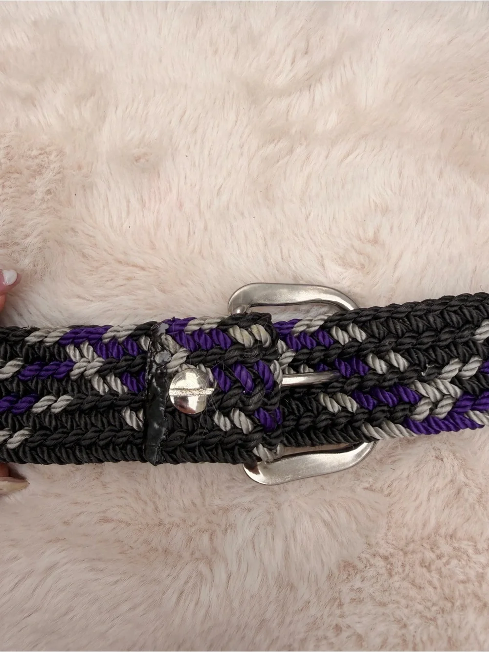 Vintage Woven Braided Belt in Black, Gray & Purple with Silver Buckle